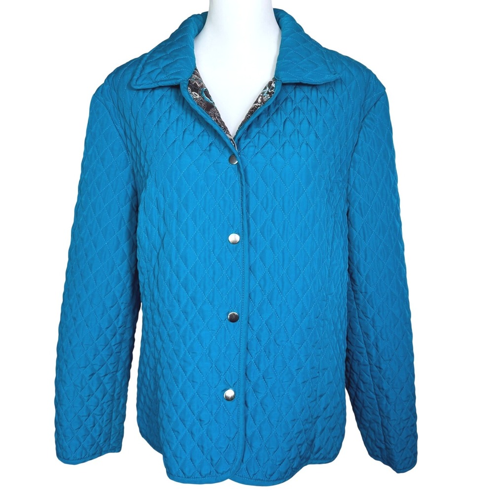 BRIGGS NEW YORK Women 22 Turquoise Blue Paisley Quilted Snap Front Light Jacket